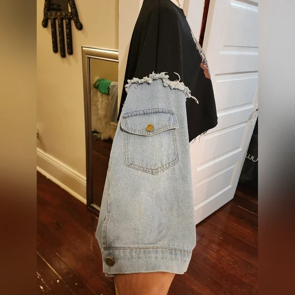 JW&NW Black Graphic Crop Top with Denim Sleeves Upcycle OOAK, Size Large - Picture 7 of 9